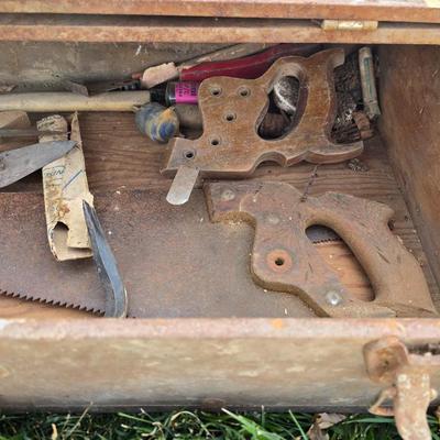 Two old rusty metal boxes with contents of old tools and misc.