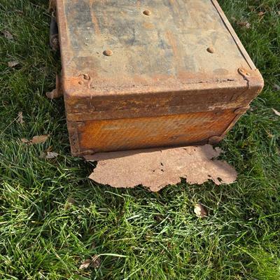 Two old rusty metal boxes with contents of old tools and misc.