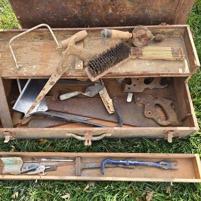 Two old rusty metal boxes with contents of old tools and misc.