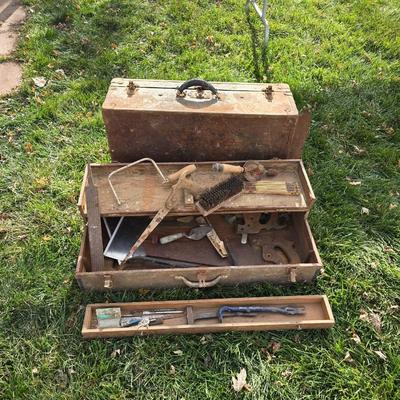 Two old rusty metal boxes with contents of old tools and misc.