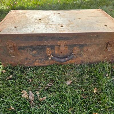 Two old rusty metal boxes with contents of old tools and misc.