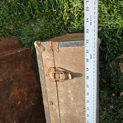 Two old rusty metal boxes with contents of old tools and misc.