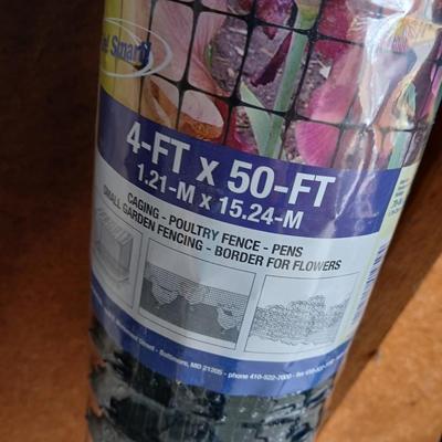 Gardening items - roll of new net fencing - short landscape timbers- rakes and more