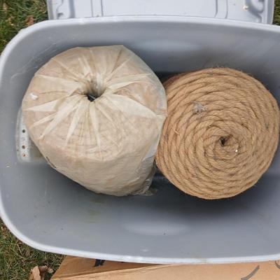 Tote with two rolls of brown toned macramé yarn / twine