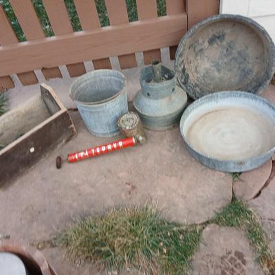 Galvanized feed bucket - grain pans - old wooden box and more