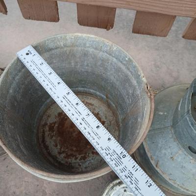 Galvanized feed bucket - grain pans - old wooden box and more