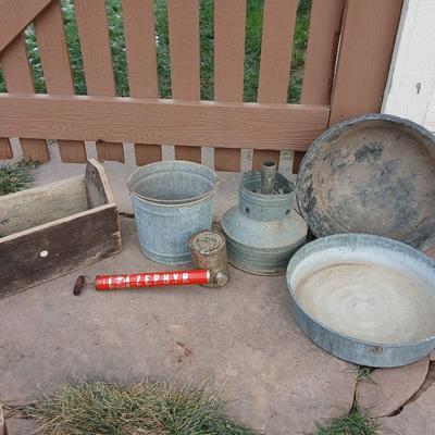 Galvanized feed bucket - grain pans - old wooden box and more