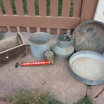 Galvanized feed bucket - grain pans - old wooden box and more