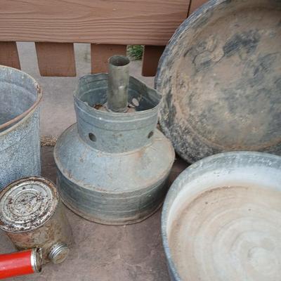 Galvanized feed bucket - grain pans - old wooden box and more