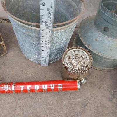 Galvanized feed bucket - grain pans - old wooden box and more