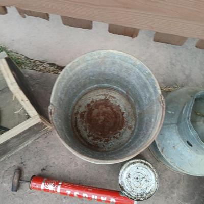 Galvanized feed bucket - grain pans - old wooden box and more