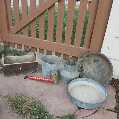 Galvanized feed bucket - grain pans - old wooden box and more