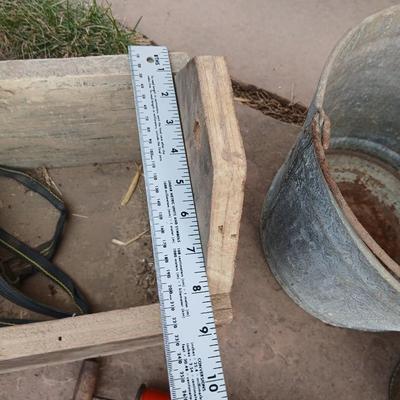 Galvanized feed bucket - grain pans - old wooden box and more