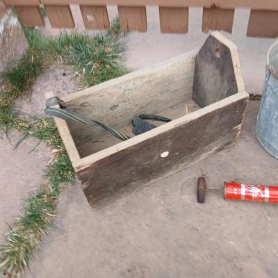 Galvanized feed bucket - grain pans - old wooden box and more