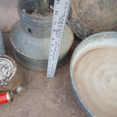 Galvanized feed bucket - grain pans - old wooden box and more