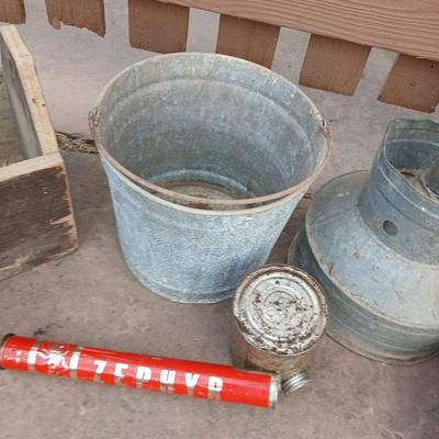 Galvanized feed bucket - grain pans - old wooden box and more