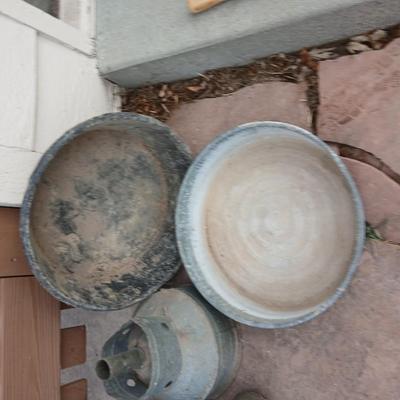 Galvanized feed bucket - grain pans - old wooden box and more