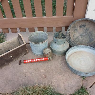 Galvanized feed bucket - grain pans - old wooden box and more