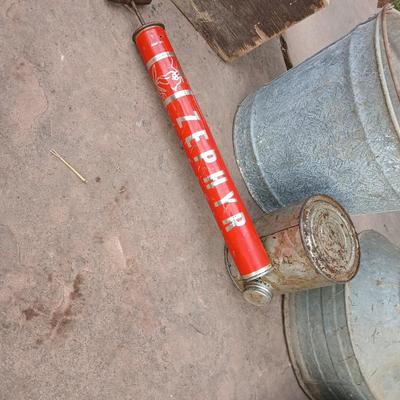 Galvanized feed bucket - grain pans - old wooden box and more