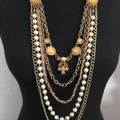 Beautiful gold tone, light peach faux pearl, statement, necklace