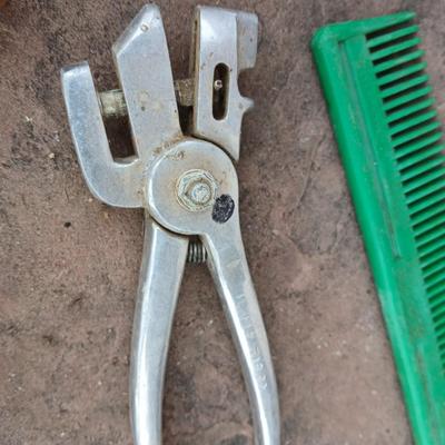 Livestock items - dehorner - trimmers - tagger - assortment of brushes and more