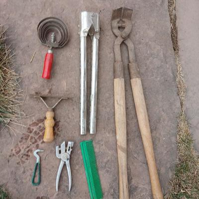 Livestock items - dehorner - trimmers - tagger - assortment of brushes and more