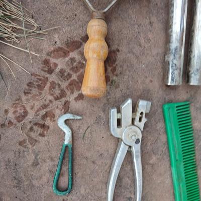 Livestock items - dehorner - trimmers - tagger - assortment of brushes and more