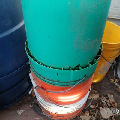 assortment of 5-gallon buckets