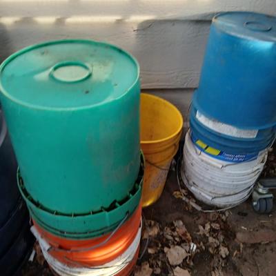 assortment of 5-gallon buckets