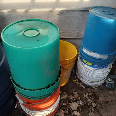 assortment of 5-gallon buckets