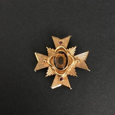 Avon vintage pin Maltese cross amber glass, gold tone