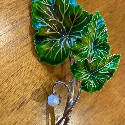Painted enamel brooch with pearl