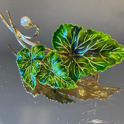 Painted enamel brooch with pearl