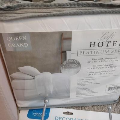 NEW QUEEN SHEETS, ORGANIZERS, CURTAIN RODS AND MORE