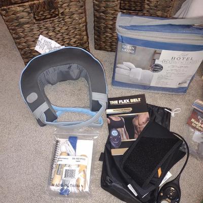 NEW LOFT HOTEL QUEEN SHEETS, THE FLEX BELT, FEBREEZE PLUG INS, ORGANIZERS AND 82" CURTAIN PANELS (2) PLUS RODS