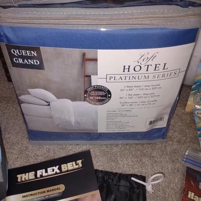 NEW LOFT HOTEL QUEEN SHEETS, THE FLEX BELT, FEBREEZE PLUG INS, ORGANIZERS AND 82" CURTAIN PANELS (2) PLUS RODS