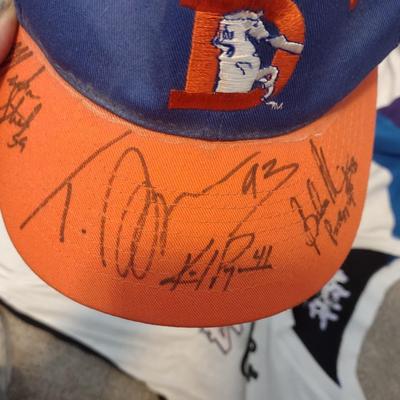 AUTOGRAPHED DENVER BRONCOS HAT, VISORS, BASKETBALL AND SPORT T-SHIRTS