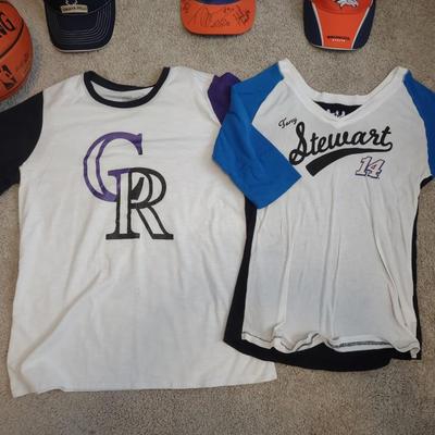 AUTOGRAPHED DENVER BRONCOS HAT, VISORS, BASKETBALL AND SPORT T-SHIRTS