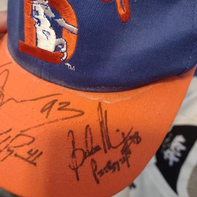 AUTOGRAPHED DENVER BRONCOS HAT, VISORS, BASKETBALL AND SPORT T-SHIRTS