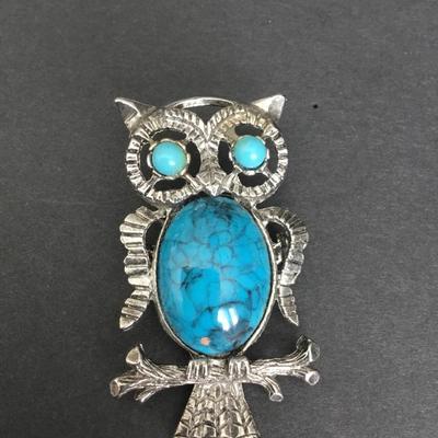 Vintage large faux, turquoise, jelly, belly, owl brooch/pin