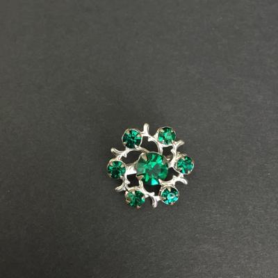Vintage emerald, green, crystal petite silver tone, flower pin