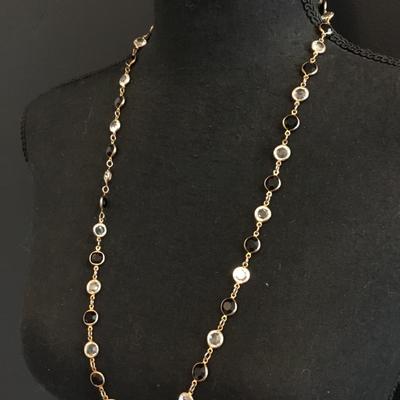 Vintage, gold, toned, black and clear crystal caged bead necklace