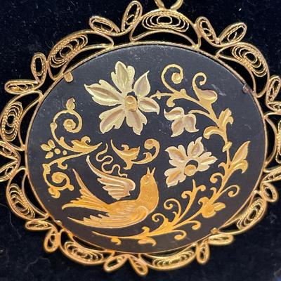 Spanish vintage gold-tone Damascene pendant necklace