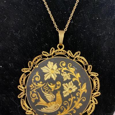 Spanish vintage gold-tone Damascene pendant necklace