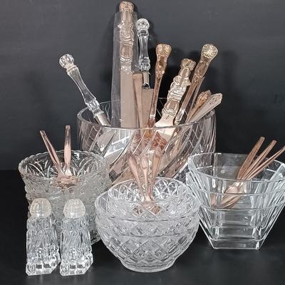 LOT 228: Vintage Kitchenware - Pressed Glass Bowls, Crystal Handled Cake Knife, Crystal Salt and Pepper Shakers & More