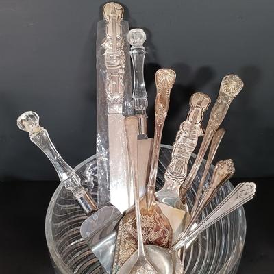 LOT 228: Vintage Kitchenware - Pressed Glass Bowls, Crystal Handled Cake Knife, Crystal Salt and Pepper Shakers & More