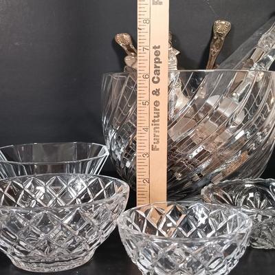 LOT 228: Vintage Kitchenware - Pressed Glass Bowls, Crystal Handled Cake Knife, Crystal Salt and Pepper Shakers & More