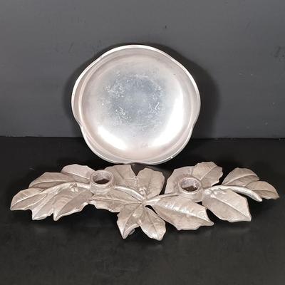 LOT 229: Gilded Pink Depression Glass Bowl, Studio Tu Mugs, Silver-Tone Metal Holly Candlestick Holder & More