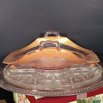 LOT 229: Gilded Pink Depression Glass Bowl, Studio Tu Mugs, Silver-Tone Metal Holly Candlestick Holder & More