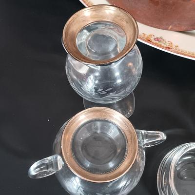 LOT 230: Vintage Copper Kettle, Etched Glass and Silver Creamer and Sugar Bowl, Silver Plated Tea Spoons & More
